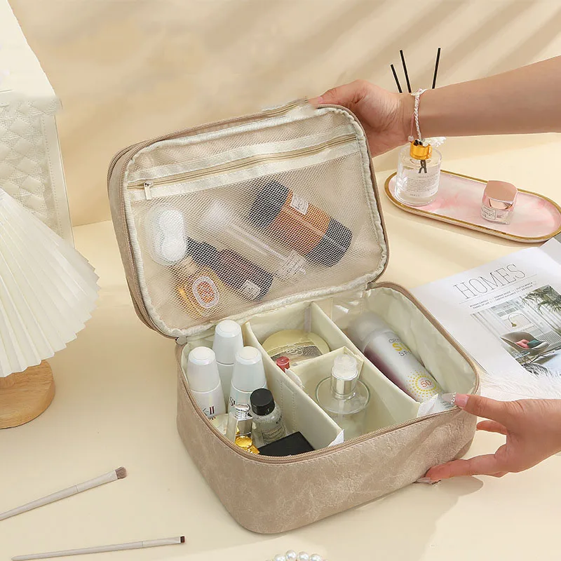 Light Luxury Makeup Bag PU Waterproof Portable Large Capacity Handheld Toilet Bags Soft Multi Partition Travel Storage Pouch