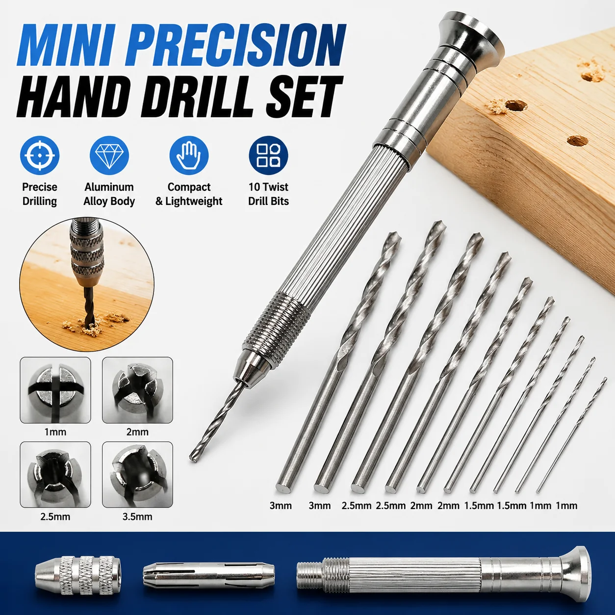 

Mini Micro Aluminum Hand Drill With Keyless Chuck +10pcs Twist Drill Bit For Jewelry Watch Hobby Hand Tool Woodworking Drilling