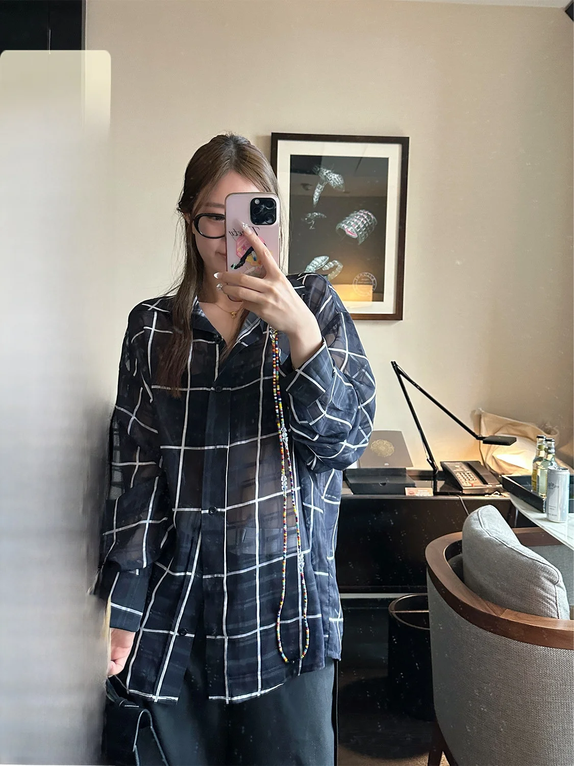 

Loose Women's Summer Shirt D Yangjun Light Transparent Checkerboard Color Block Sun Protection Long Sleeve Collar Top