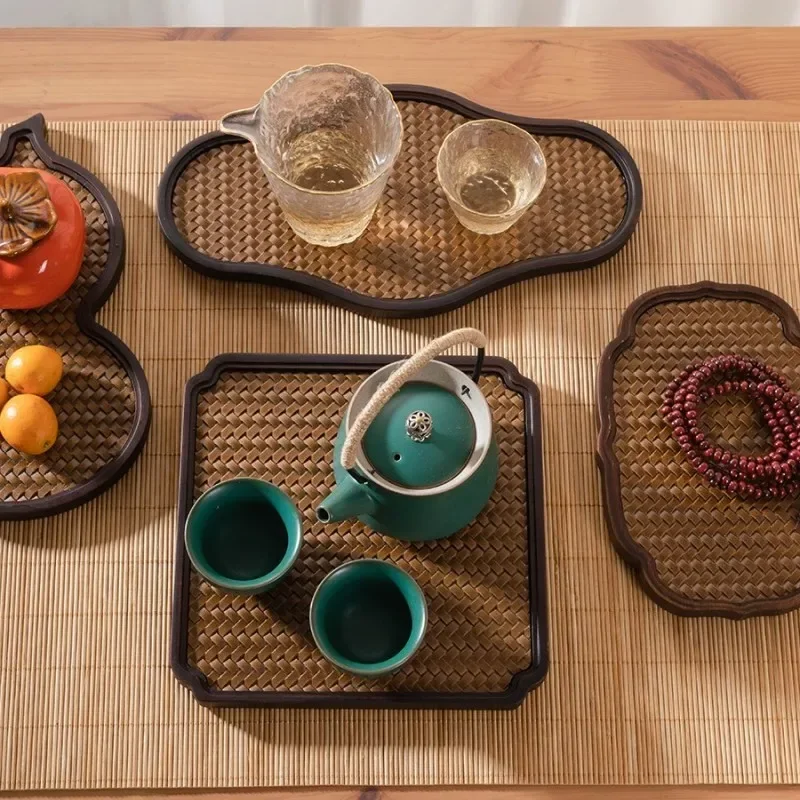 

Retro Imitation Bamboo Tea Tray Zen Dry Brew Tea Table Household Set Accessories Fruit Plate Teapot Cushion for Home