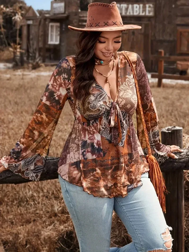 بلوزة شبكية عصرية بمقاس كبير مع مرقع مضلع مثير وحجم موسع للسيدات - ربطة عنق حريرية رائعة وأكمام طويلة