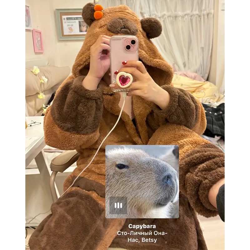 Kawaii Cartoon Winter Pajama Cute Capybara Soft Plush Jumpsuit Animal For Adults Velvet Pajama Night Robe Cosplay Suit Xmas Gift