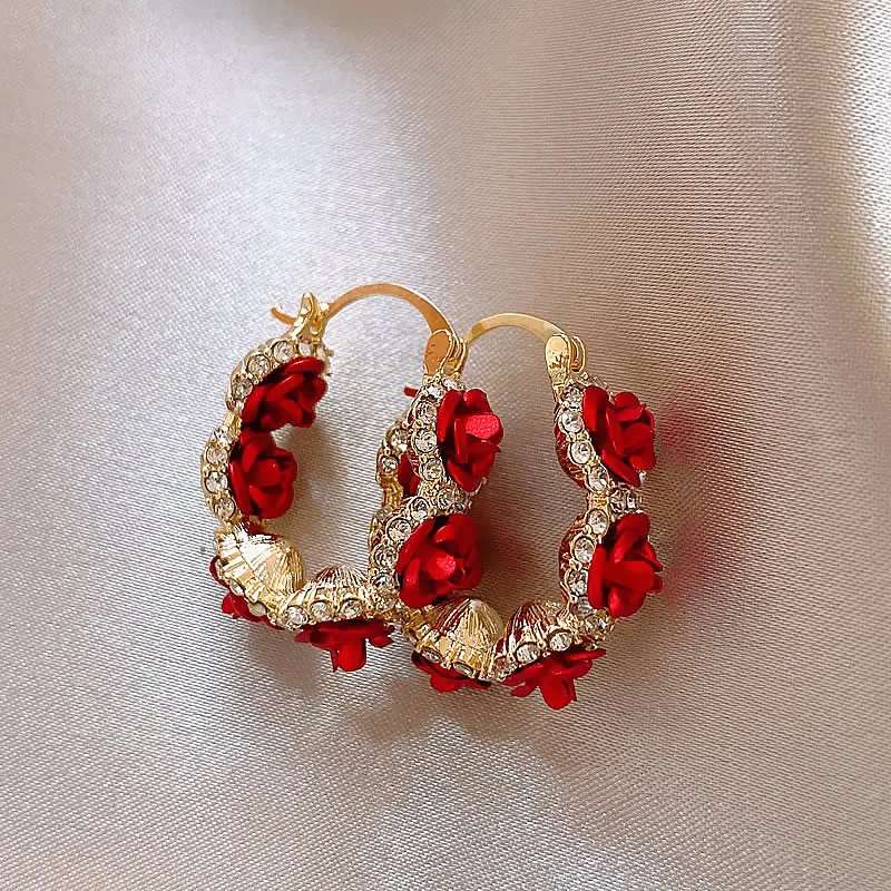 2023 Korea new design fashion jewelry 14K gold plated crystal red rose earrings elegant women's Christmas party gift accessories