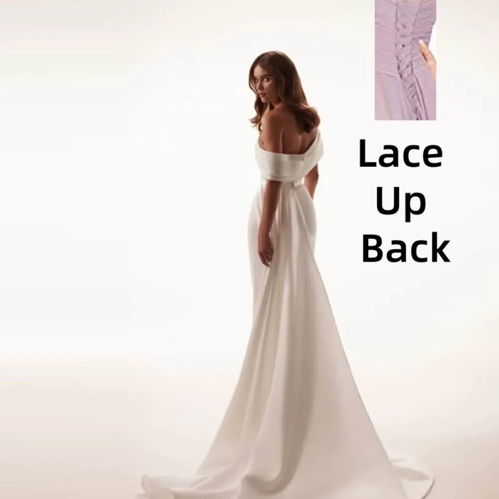 Personalizado fora do ombro vestido de casamento para mulher noiva sereia cetim vestidos de noiva para noiva sem mangas vestidos trem vestido de noiva