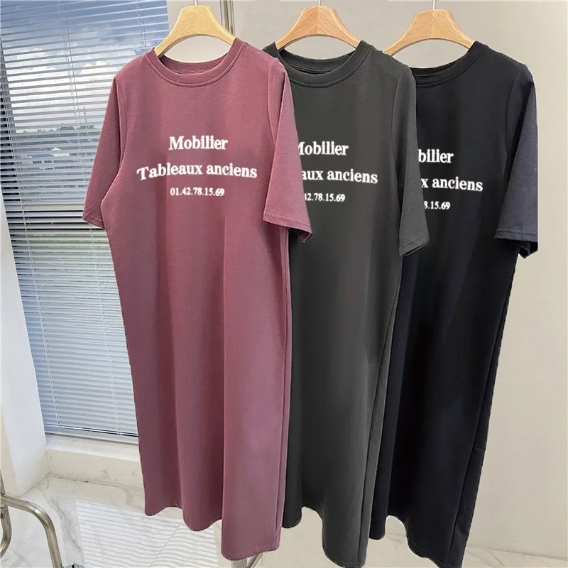 

Summer Women Oversized Casual Long Dress Letter Graphic Print Short Sleeve Side Split Maxi T Shirt Dress