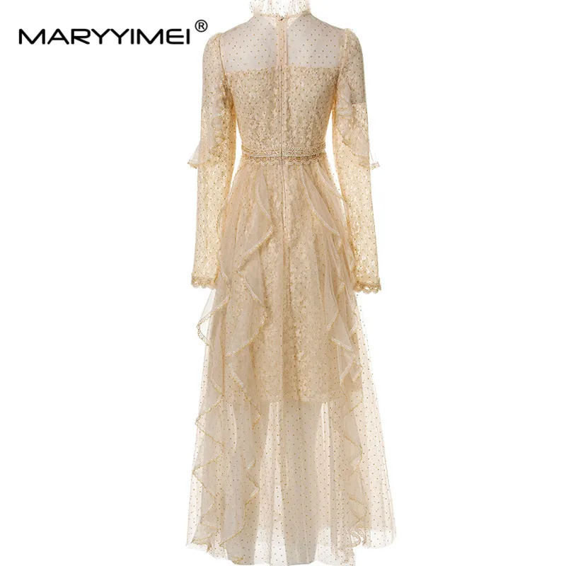 MARYYIMEI Spring Summer Women\'s Stand Collar Long-Sleeve Mesh Splicing Flounced Edge Fashion Lace Dresses