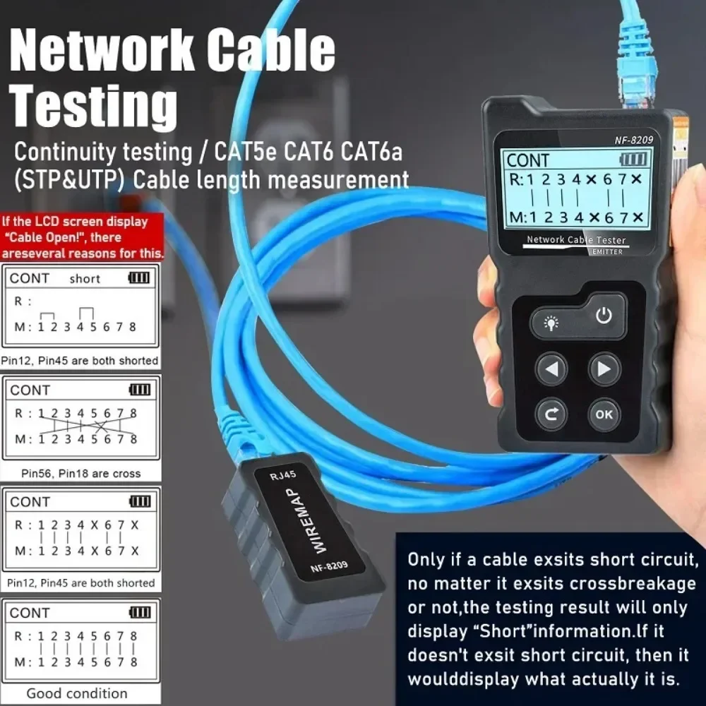 النسخة الإنجليزية NF-8209 RJ45 تستر كابل المقتفي POE شبكة سلك مدقق كابل اختبار أداة الشبكة مسح كابل Wiremap Ut