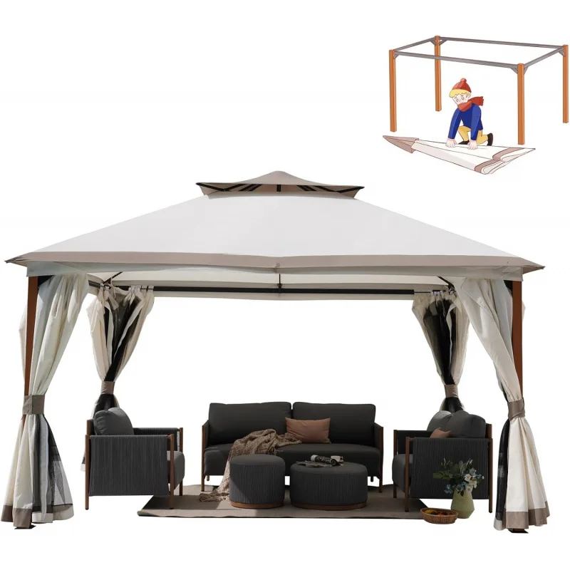 

10x13 FT Outdoor Soft Top Gazebo, Double Quick Assembly Detachable Vent Canopy with Mosquito Netting & Curtains, 130 Sq Ft Shade