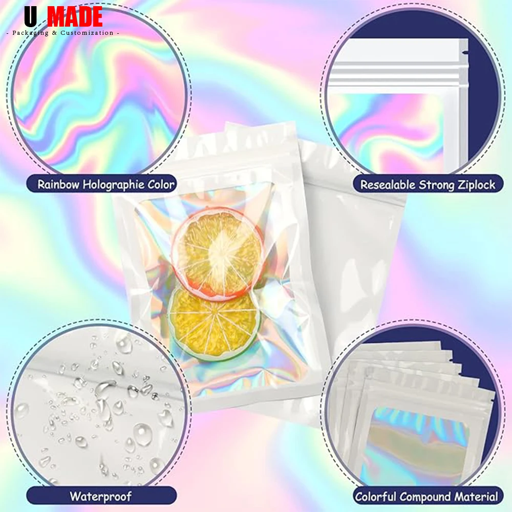 100pcs Custom Mylar Holographic Bags with Logo Personalized Foil Pouch Ziplock Packaging for Small Business Jewelry Food Storage