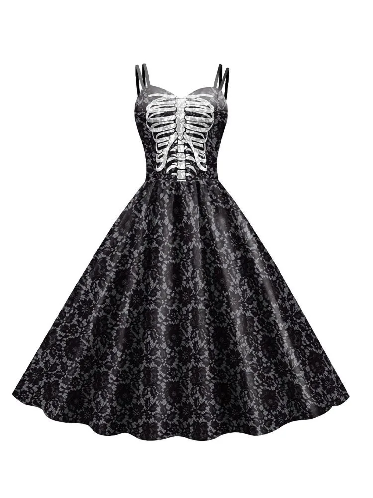 Vintage Gothic Doppelriemen-Swingkleid mit Skelett-Brustmuster, mehrfarbigem Blumen- und Totenkopf-Aufdruck, Damen-Halloween-Cosplay-Kostüm – Detail 8