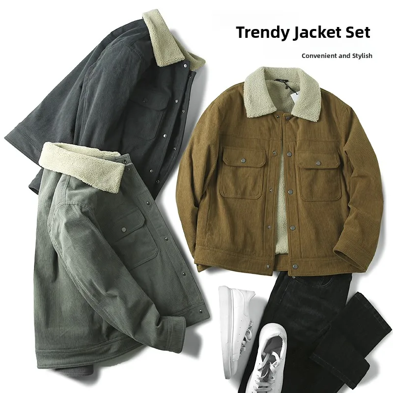 

Thiened Lamb Velvet Winter Men's Waed Corduroy Multi-ket Workwear Casual Collar Cotton Jaet Warm Outerwear