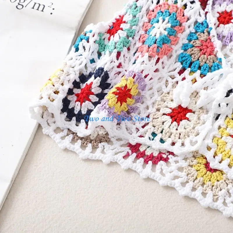 HX6F Women Boho Crochet Knit Crop Vest Ethnic Multicolor Plaid Pattern Sleeveless Short Cardigan Lace-Up Open Front Waistcoat