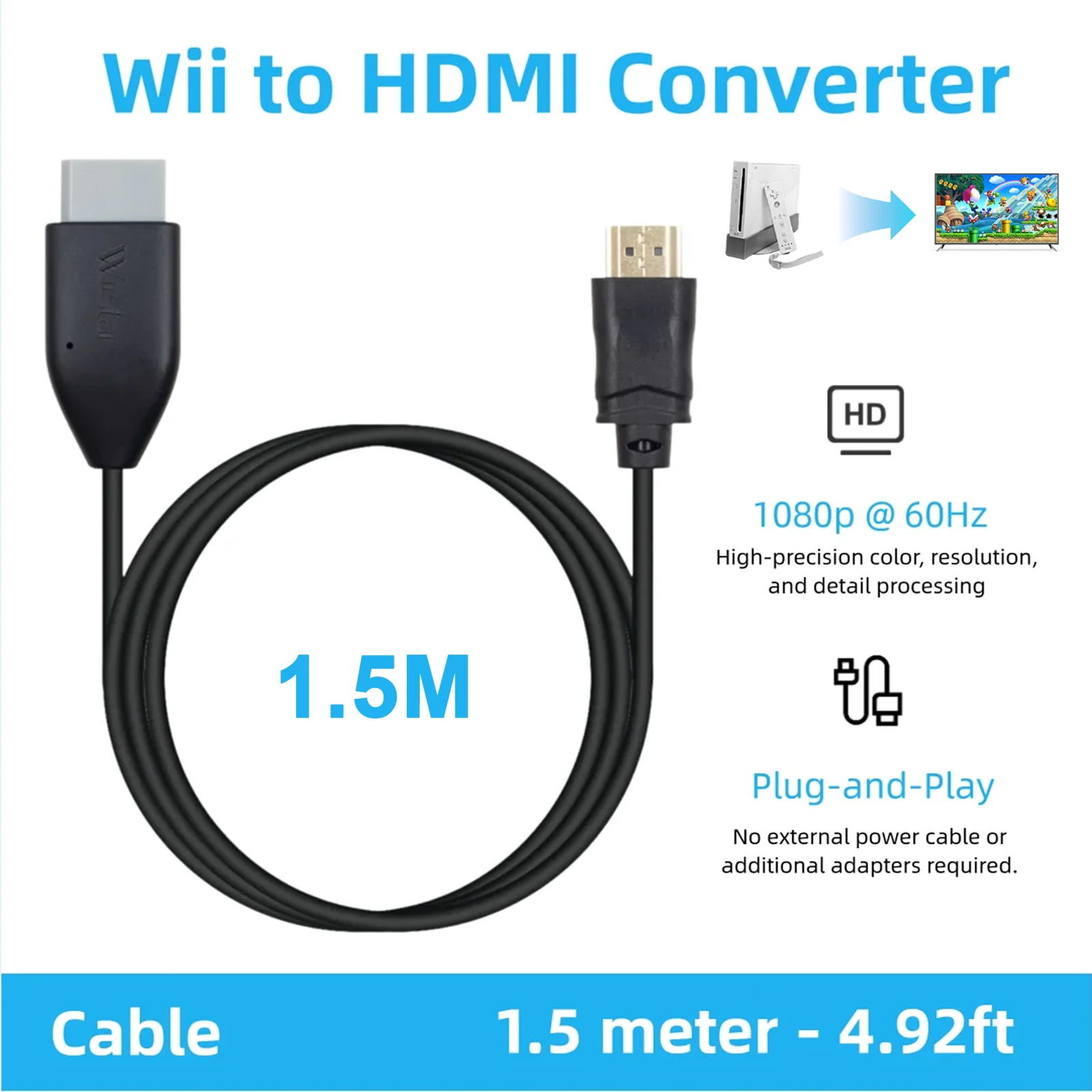 

Wii to HDMI Converter 1.5M/4.92ft Wii2HDMI Adapter Video Cable NTSC 480I 480P PAL 576I for Wii to HDTV Display Male to Male