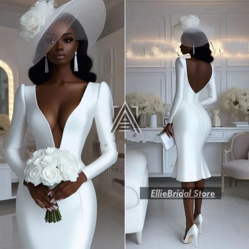 Sexy Deep V Neck Wedding Dresses Long Sleeves Satin Mermaid Bridal Gowns African Women Robe Mariage Femme Customized
