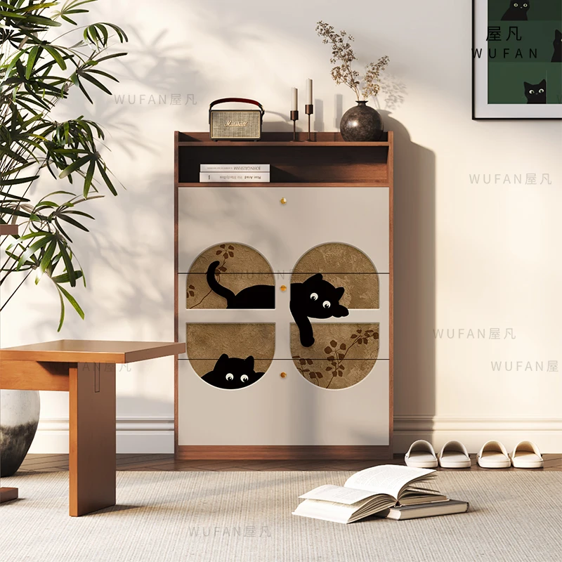 Modern simple solid wood shoe cabinet entry porch tipping bucket shoe cabinet integrated corridor end against the wall ultra-thi