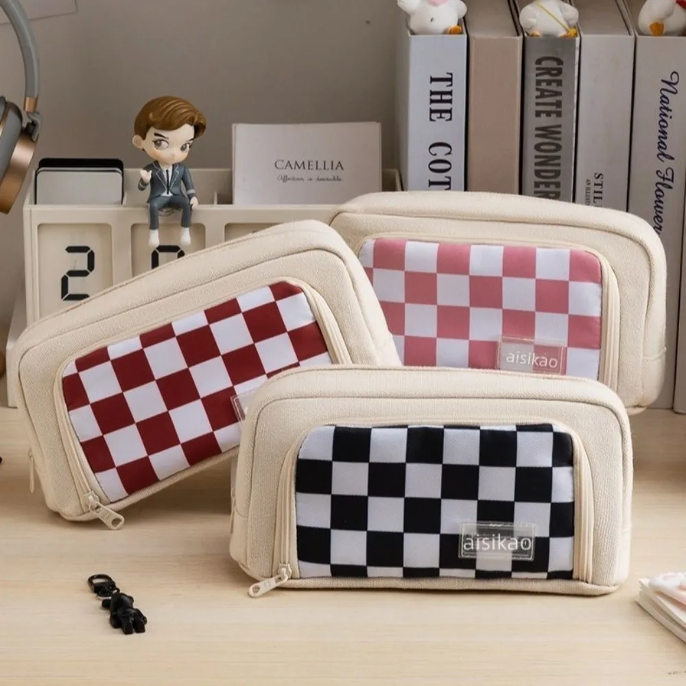 

Large Capacity Checkerboard Pattern Pen Bag Washable Waterproof Checkerboard Pencil Cases Multifunctional Multilayer