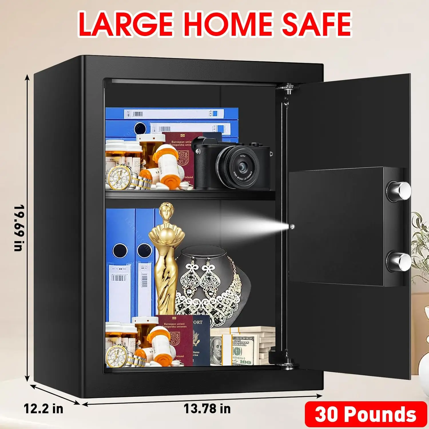 3.0 Cub Large Safes for Home Use Fire and Water Proof, Anti-Theft Digital Security Safe Box with Electronic Keypad and Key, Fire
