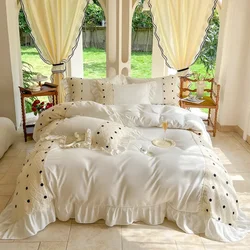 Korean Princess Style Chiffon Bedding Set 100% Cotton Elegant King Size Duvet Cover Set with Sheets Quilt Cover and Pillowcases
