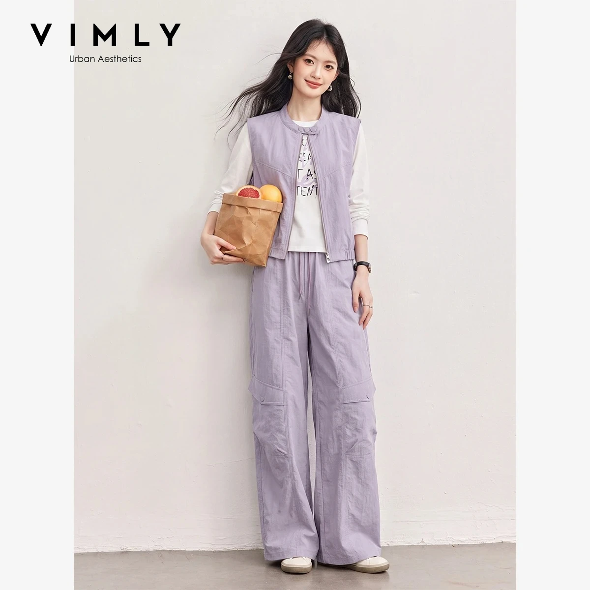 VIMLY Workwear Style Sports Casual Three-piece Set Women's White Letter Printed Long Sleeve T-shirt Blue Vest Pants Sets 31562