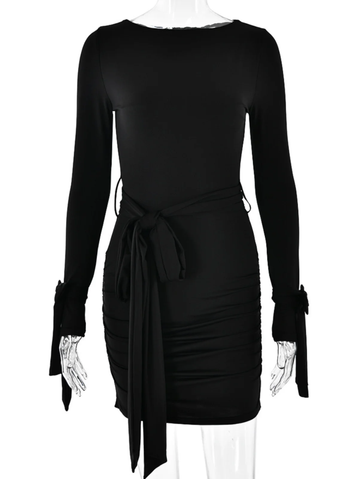 Décontracté coupe ajustée plissée Dr femmes cravate taille pliée jupe taille haute Polyester longue Sve ronde Ne ort Dr