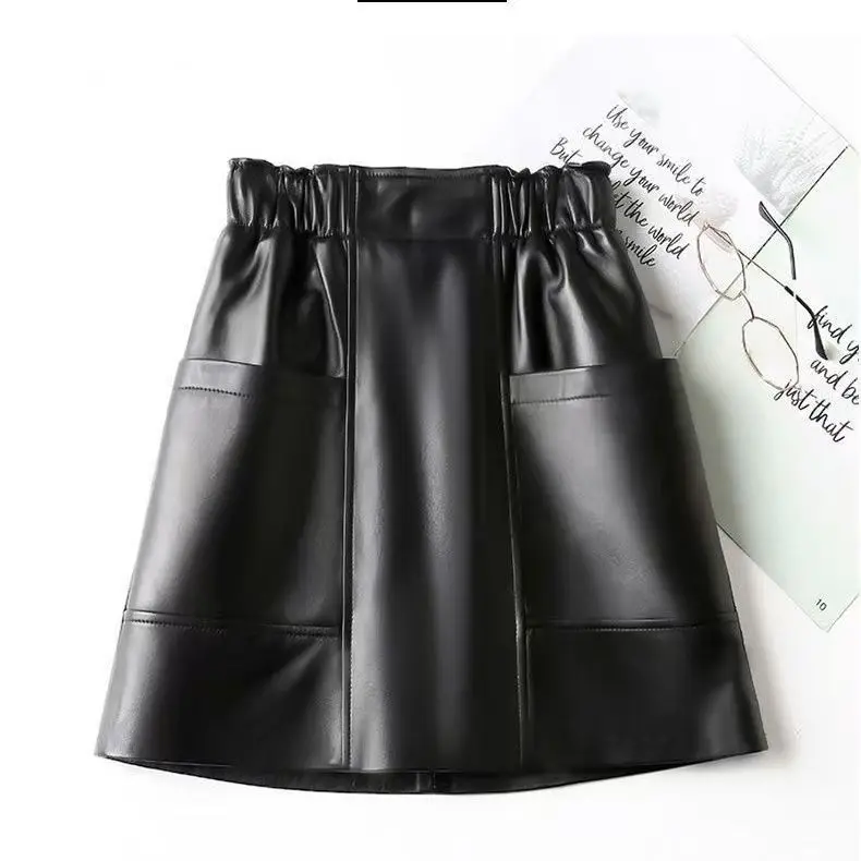 

Pu slim fashion small leather women's tooling 2025 new short hip A-shaped black skirt Regular Fit