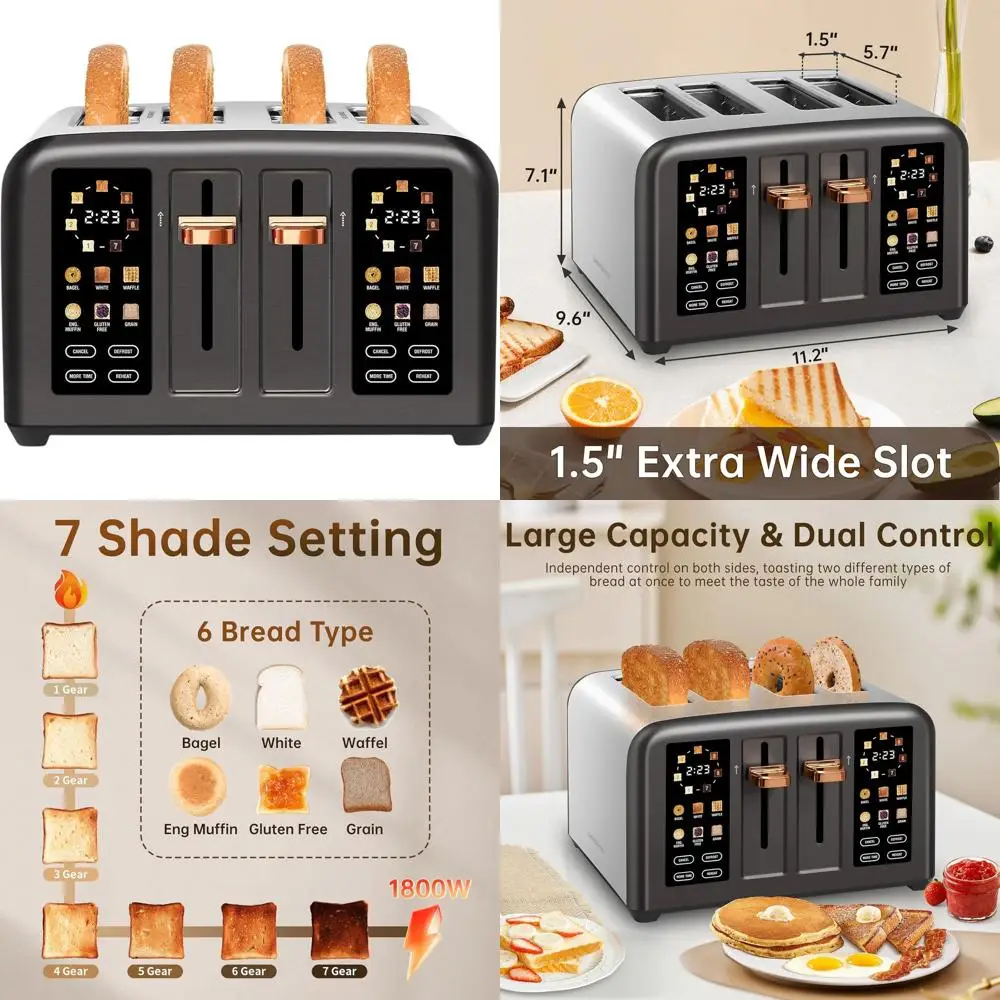 

4-Slice Stainless Steel Smart Toaster with Touchscreen, 6 Bread Settings, 7 Toast Shades, 1.5 Slot, Removable Tray, 1800W