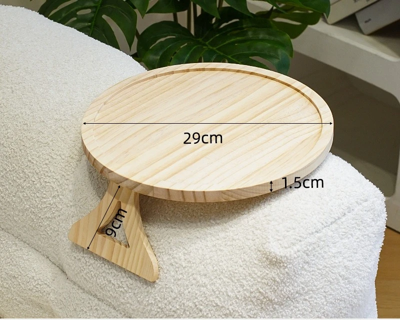 Foldable Round Wooden Sofa Armrest Tray, Portable Clip-On Couch Arm Side Table, Lazy Sofa Snack Drink Holder Organizer Tray