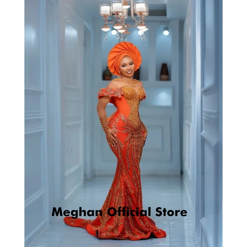 Orange Delicate Beaded Applique Evening Dresses For Women Aso Ebi Long Mermaid Prom Gowns Wedding Party Dress Luxury Customized