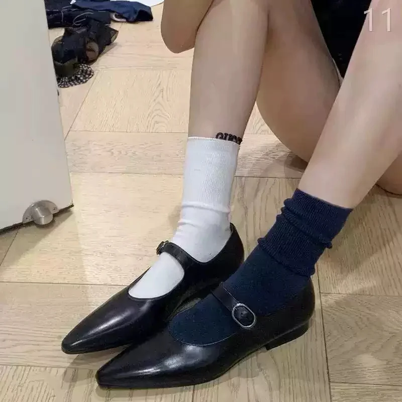Black Leather Pointed Toe Mary Jane Flats Single Metal Buckle Strap Ladies Office Dating Minimal Elegant Casual Dress Footwear