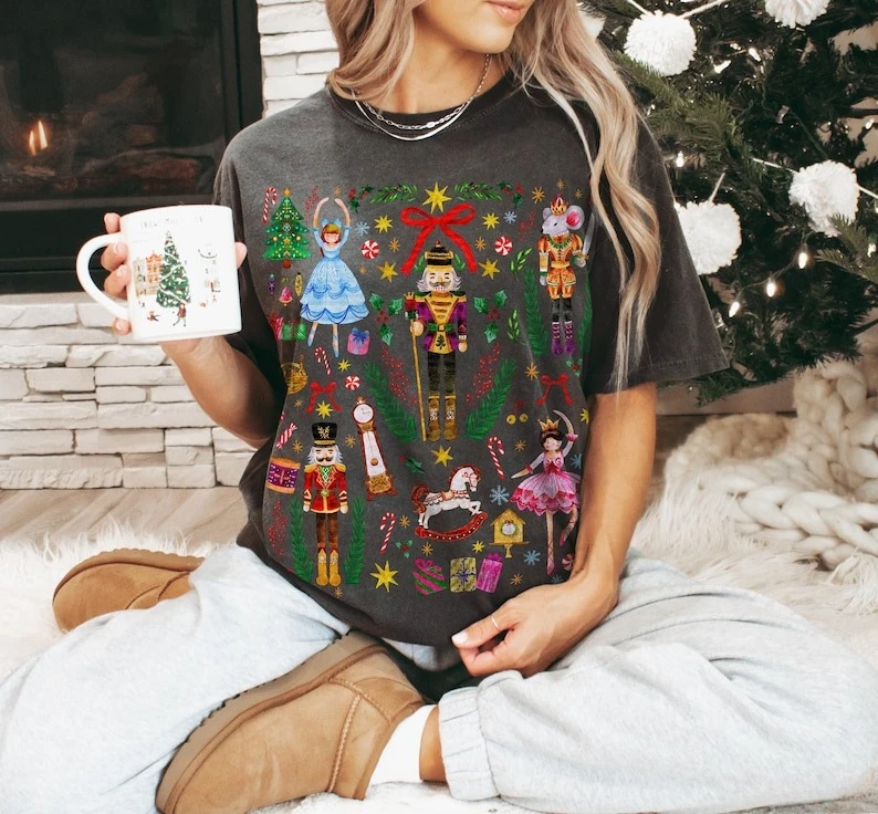 Noël Vintage casse-noisette femmes Cottagecore vacances beaux coton t-shirt drôle Style décontracté col rond manches courtes régulières