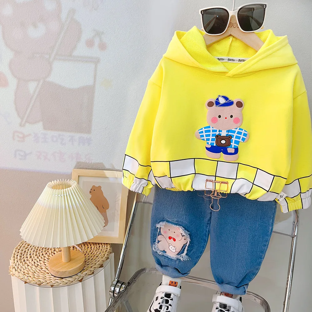 Conjuntos de Boutique para niños, conjunto de ropa con capucha y pantalones de manga larga con capucha y dibujos animados de diseñador de lujo, primavera y otoño, 2024