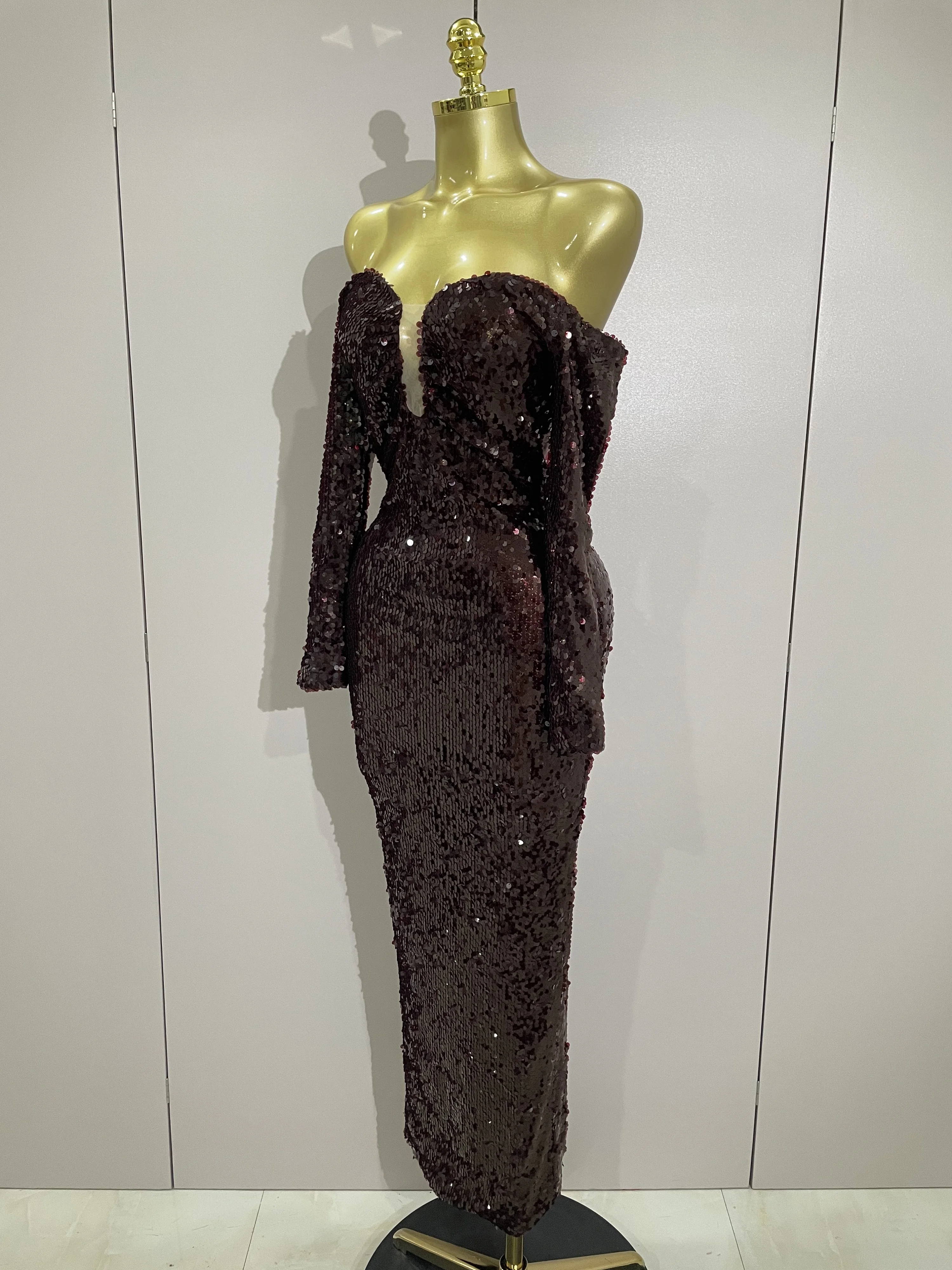 2025 neue Luxus Pailletten Promi Sexy Off Schulter Lange, Figurbetontes Kleid Frauen Elegante Abend Club Party Mode Geburtstag Kleider