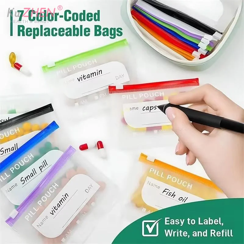 1 Set Writable Labels A8 Waterproof Pill Pouch Kit With 7/14 Color-coded Pouches For Daily Medication Vitamins & Supplements