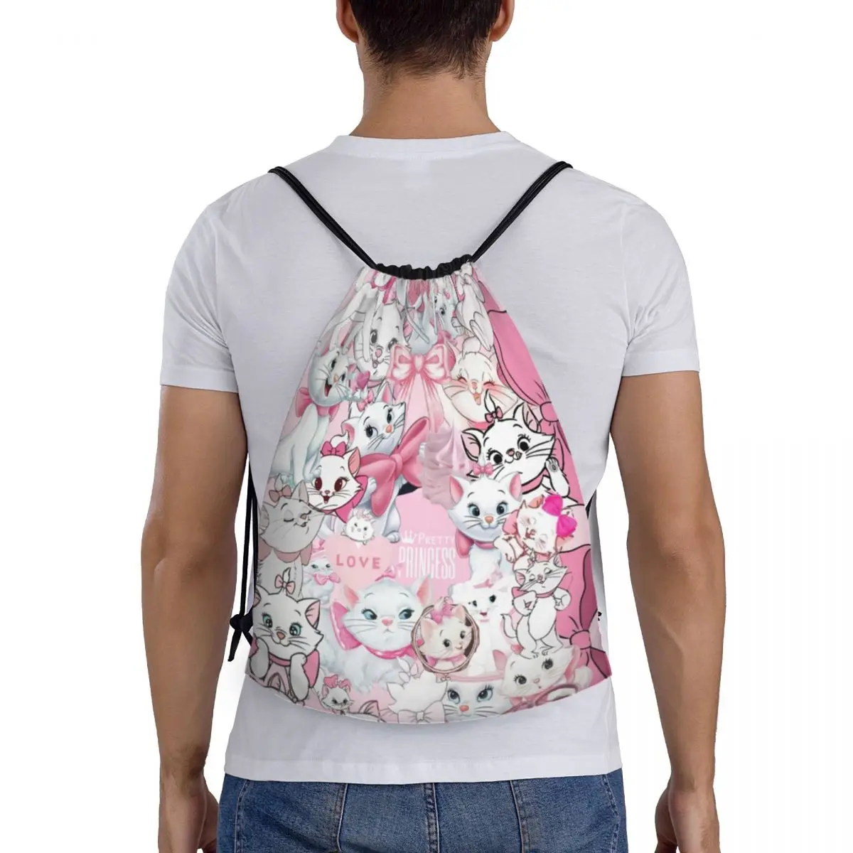 Anime Padrão Drawstring Bolsas para homens e mulheres, Marie Cat, leve, Sports Gym, mochila de armazenamento, personalizado