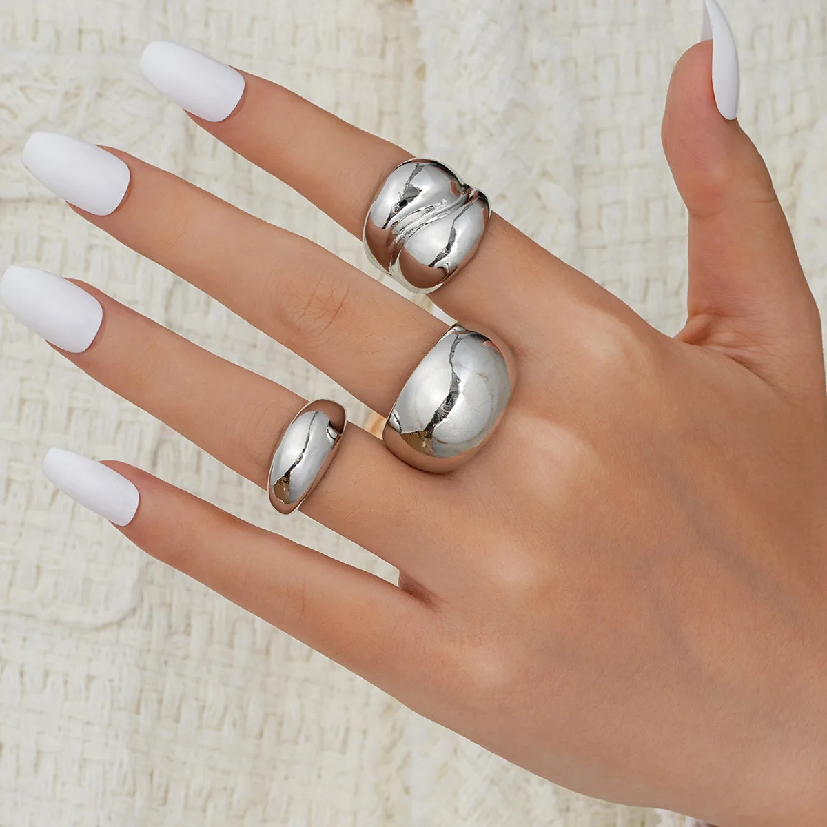 Fashionable European and American Cross-Border Creative Geometric Curved Exaggerated Glossy Round Ball Open Ring Knuckle Ring Set