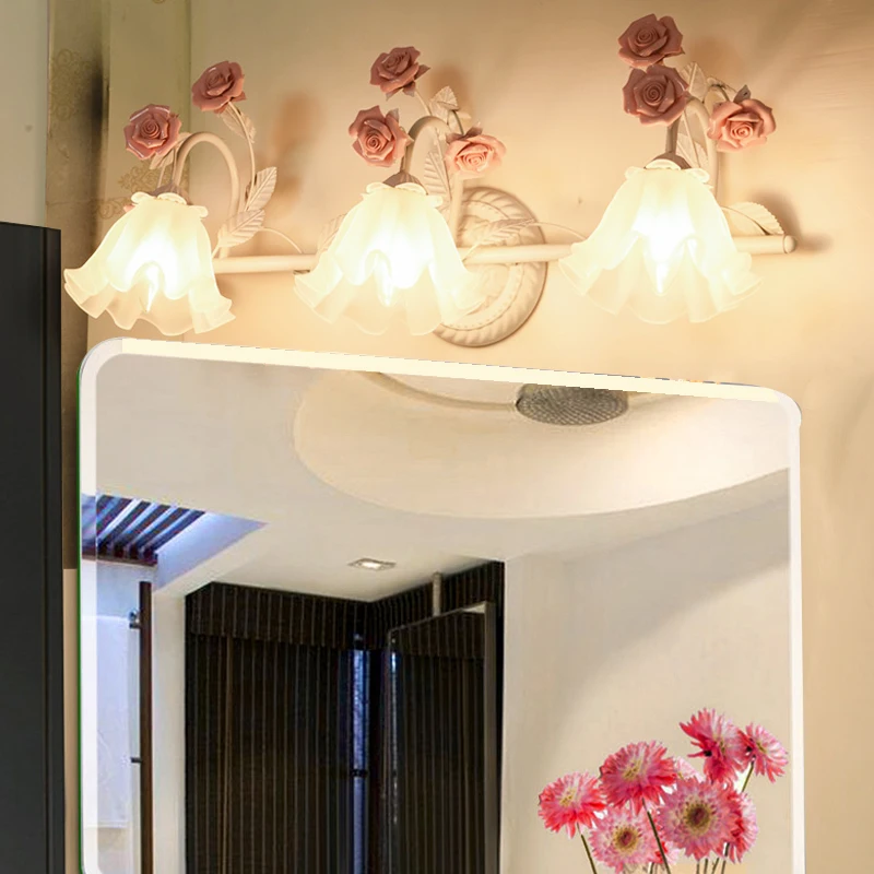 3-head Ceramic mirror front led light for dressing room Blue Pink Flower LED glass wall Lamp Princess Bathroom deco wall light