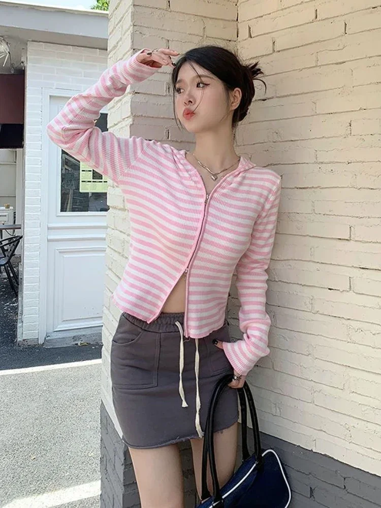 2024 Pink Striped Vintage Y2k Aesthetic Women Cardigan Japanese Knitted Sweater Crop Coat Female Hooded Double Zipper Kardigany