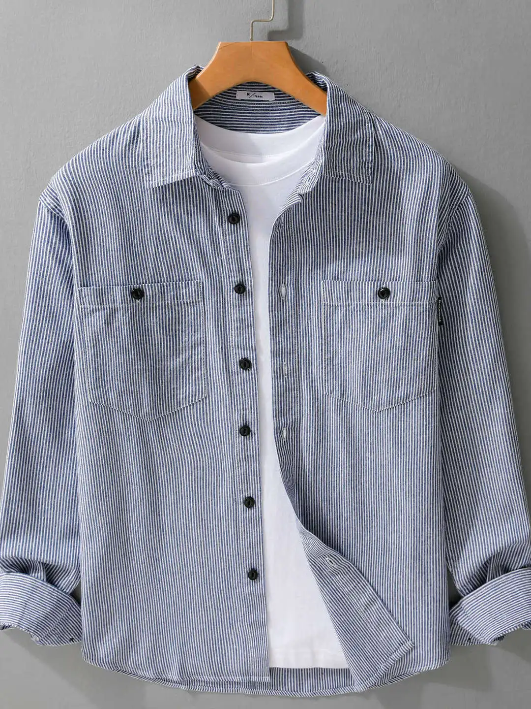 Retro Japanese Style Long Sleeve Casual Shirt Men's Loose Fit Stripe Pattern Turn-down Collar Comfortable Cotton Polyester Blend