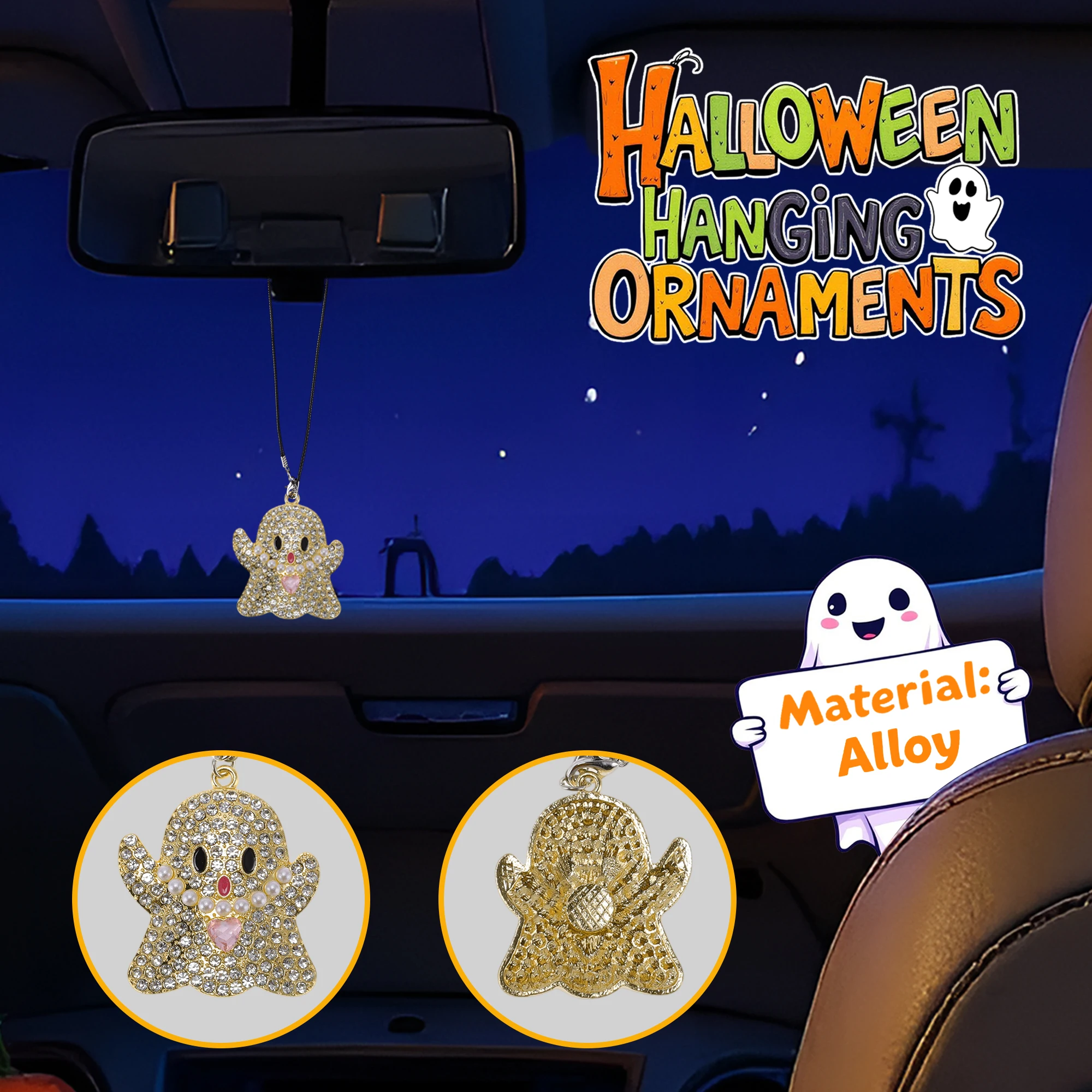

UXCELL Halloween Car Charm Ghost Car Mirror Hanging Accessories Gold Tone 3x4cm Alloy 1 Pcs Cotton Polyester Car Decoration