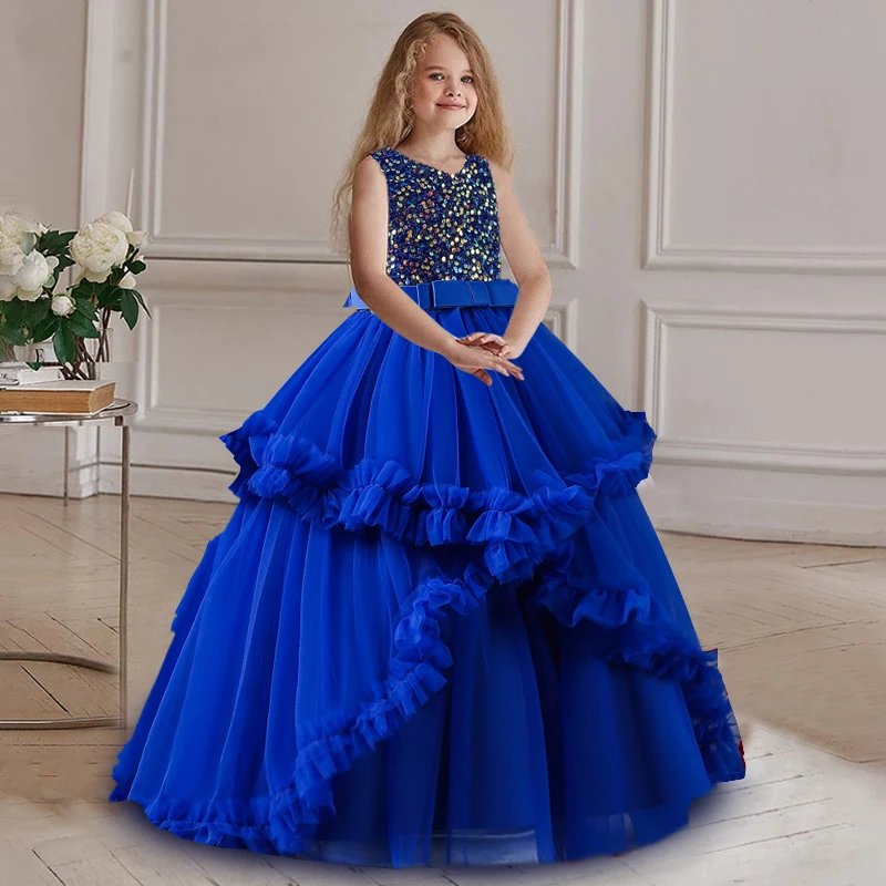 Girl\'s Dress 2024 New Girl\'s Sequin Princess Dress 5-14 Years Old Fashionable Bow Fluffy Dress Banquet Wedding Flower Girl Dress