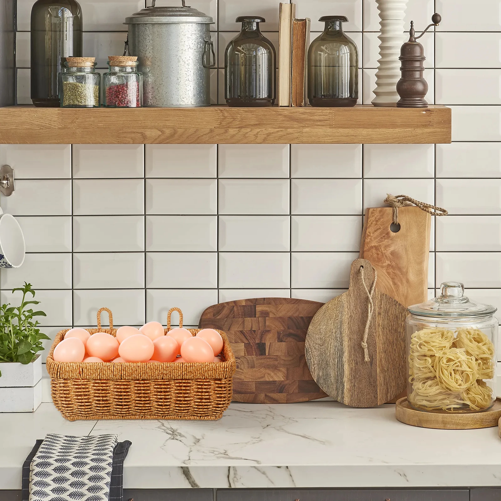 

Hanging Storage Basket For Kitchen Woven Wall Mounted Garlic Vegetable Fruit Basket No Drill Pp Iron Large Capacity Home
