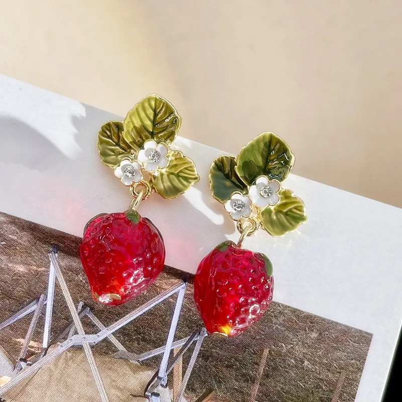 

Cute Leaf Flower Fruit Drop Dangle Earrings Spring Summer New Fashion Red Resin Earrings Wholesale