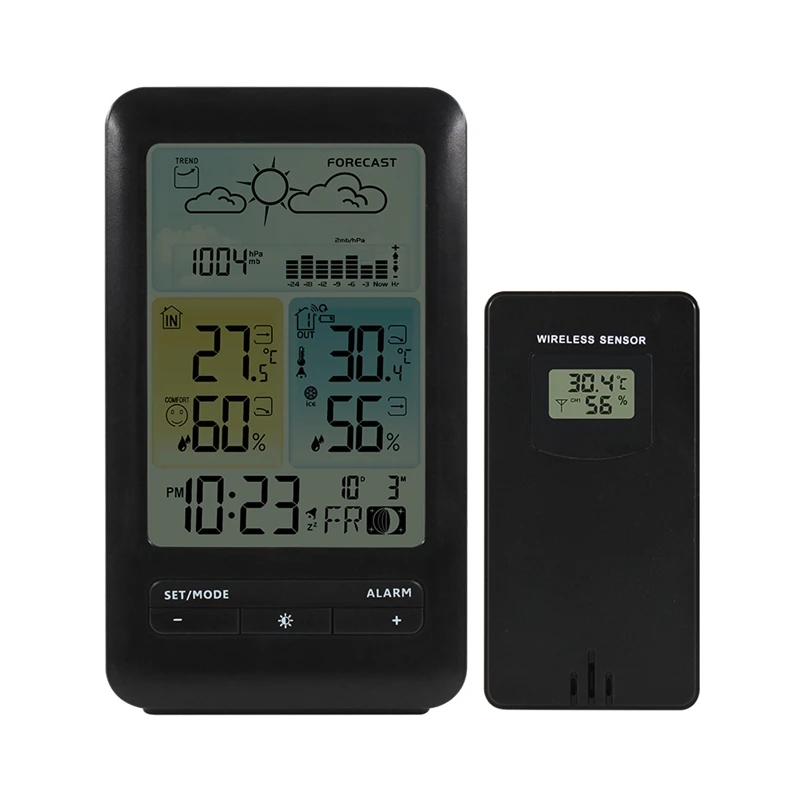 Wireless Table Weather Station Color LCD Digital Temperature Humidity Monitor Moon Phase Barometer Forecast Sensor Alarm Clock