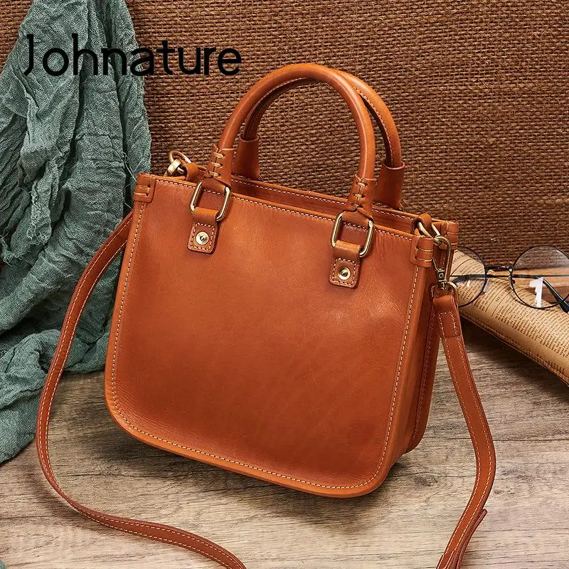 Johnature Borsa tote semplice in vera pelle Borsa da donna vintage Pelle bovina naturale Borse a tracolla e a tracolla versatili in tinta unita