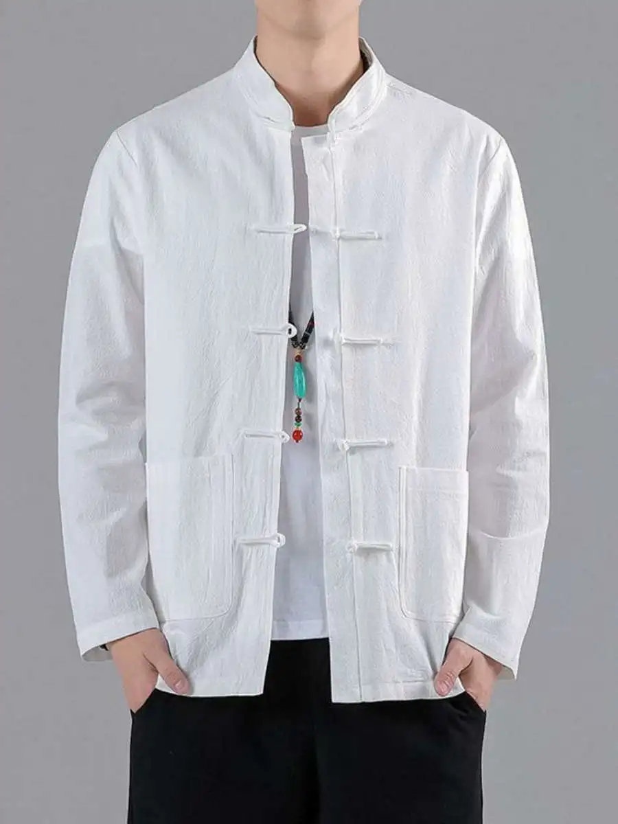 

Chinese Style Stand Collar Long Sleeve Button up Cotton Linen Shirt Summer Loose Fit Men's Fashion Traditional Retro Clothing