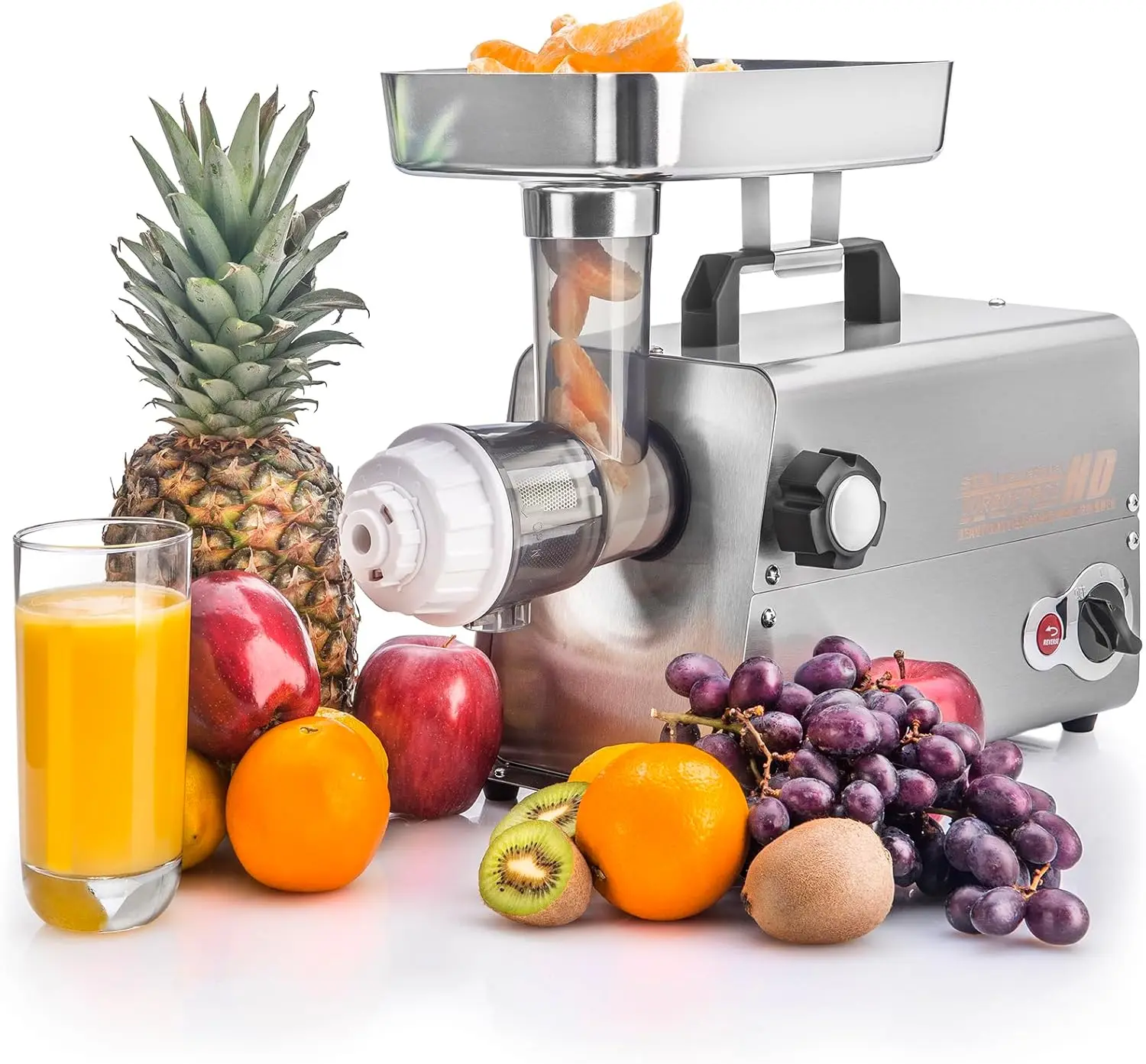 Heavy Duty Electric Meat Grinder w/Cold Press Juicer Foot Pedal 5 Grinding Plates 3 S/S Blades Sausage Stuffer Kubbe •