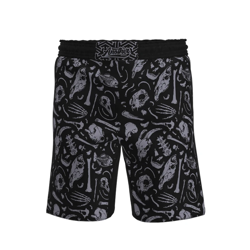 Skull Bone Print MMA Fight Shorts Elastic Waist Stretchy No‑Gi Grappling Shorts for Men Women BJJ Boxing Combat Training Wear