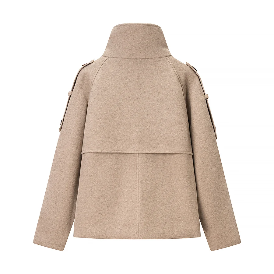 New Autumn Safari Khaki Soft Woolen Jacket Women Lapel Collar Double-breasted Buttons Long Sleeve Short Coat Loose Outerwear