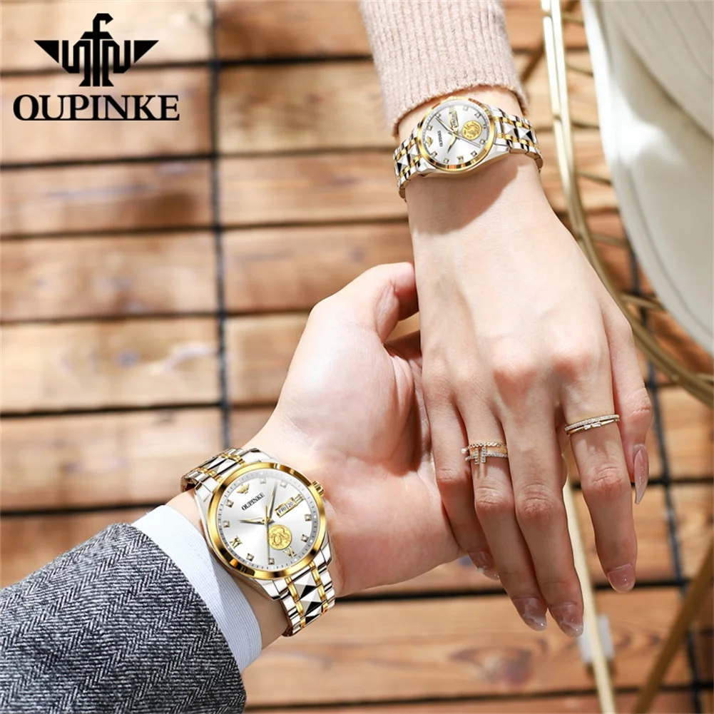 OUPINKE Diamond Couple Watch Classic Luxury Automatic Mechanical WristWatch Gift For Women Waterproof Date Week Display 3259