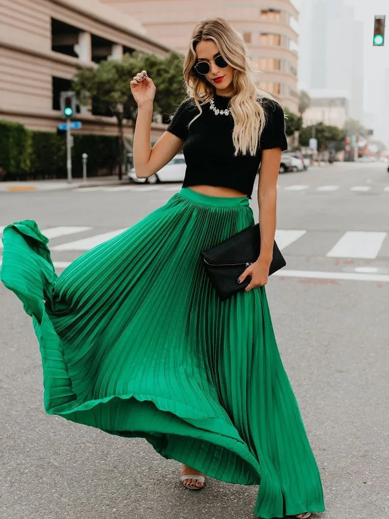 Saia Midi Psada de Cintura Alta Estilo Rainha Mágica Plus Size Moda Fena Saia Longa de Cor Sólida Estilo de Rua